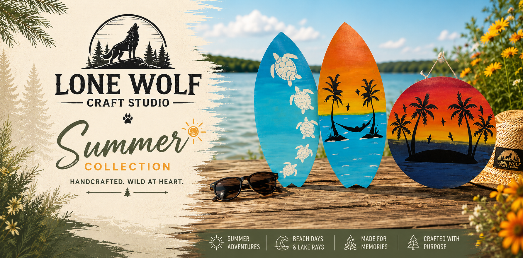 Lone Wolf Craft Studio Summer Collection banner featuring handcrafted tropical wood decor, colorful surfboard wall art, palm tree sunset signs, and beach-inspired handmade creations displayed by a peaceful lakeside backdrop.
