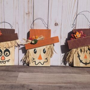 Whimsical Scarecrow Shelf Sitters - Charming hand-painted fall decor.
