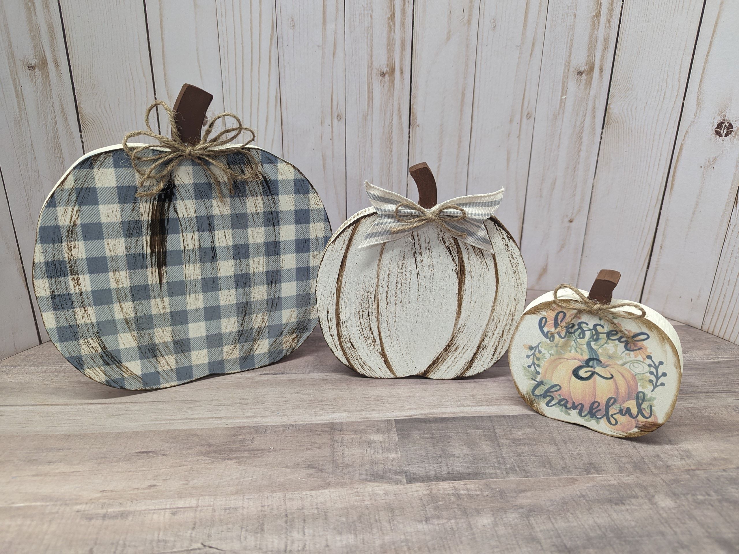 Wooden Plaid Pumpkin, Rustic Fall Mantel Decor - Image 1