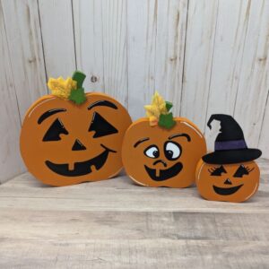 Wooden Hand-Painted Pumpkins. Jack-O-Lanterns w/ Witch Hat (Set of 3, Halloween Shelf Sitters for your mantel) Unique Fall Decor!