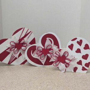 Valentine's Heart Decor Trio: Shelf Sitter Wooden Handpainted Bright Red & white Hearts with Twine