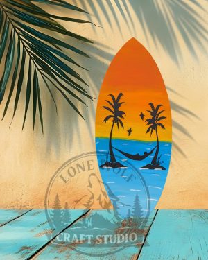 Orange and blue Surfboard with palm hammok desing