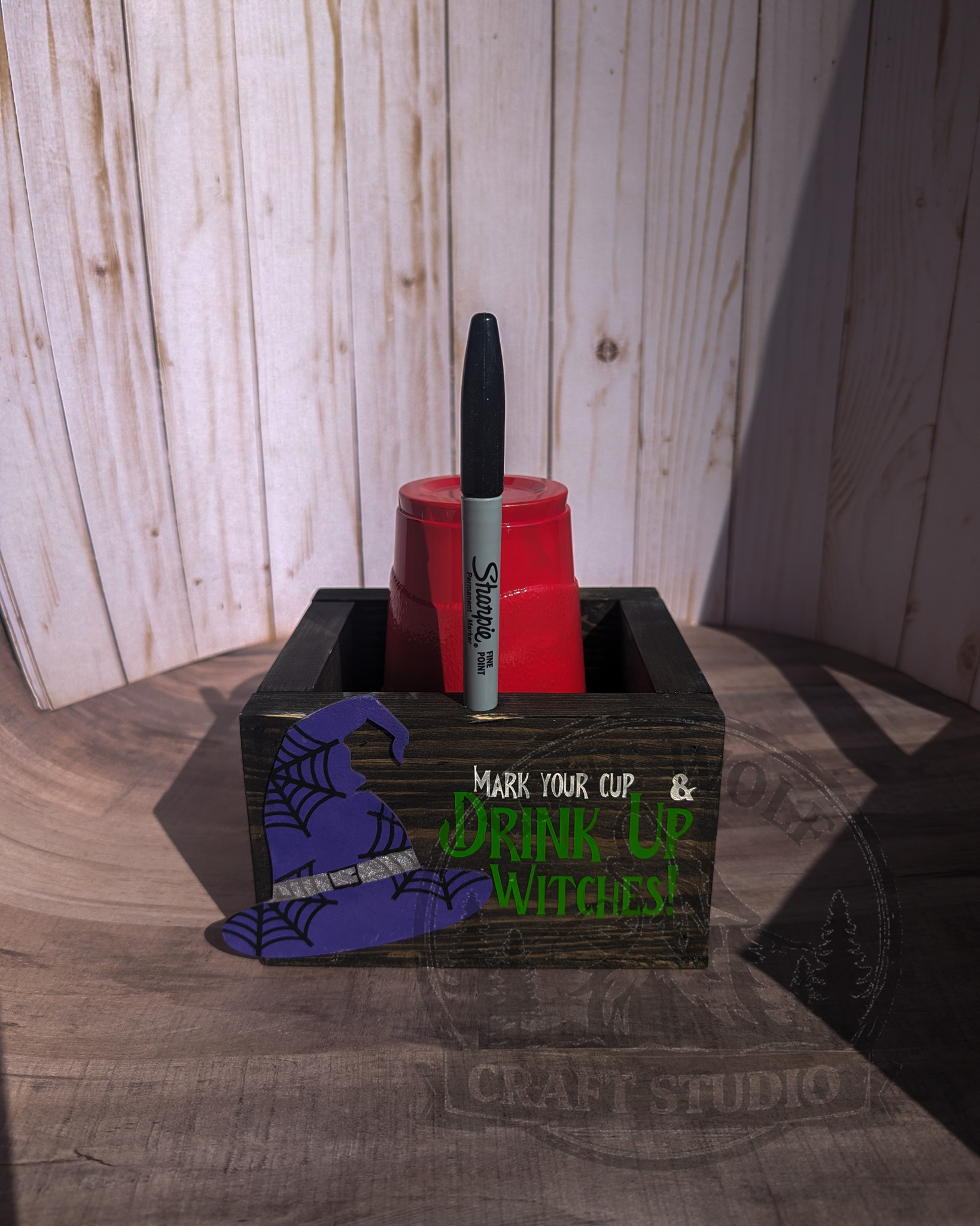 Drink Up Witches! Halloween Party Cup Holder & Marker Box