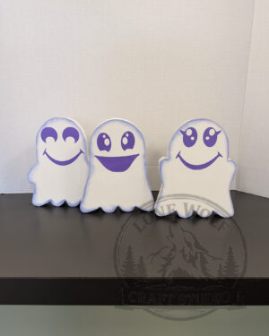 Set of 3 Halloween Ghost Shelf Sitters – Cute Purple & White Wooden Ghost Decor