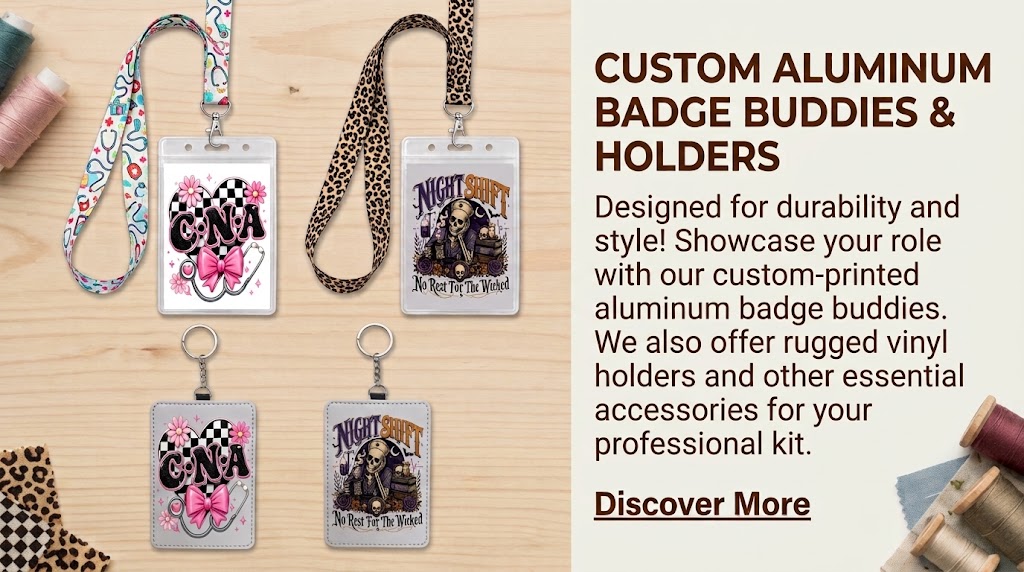 Custom aluminum badge buddies, vinyl holders, and printed lanyards for healthcare and professional staff.