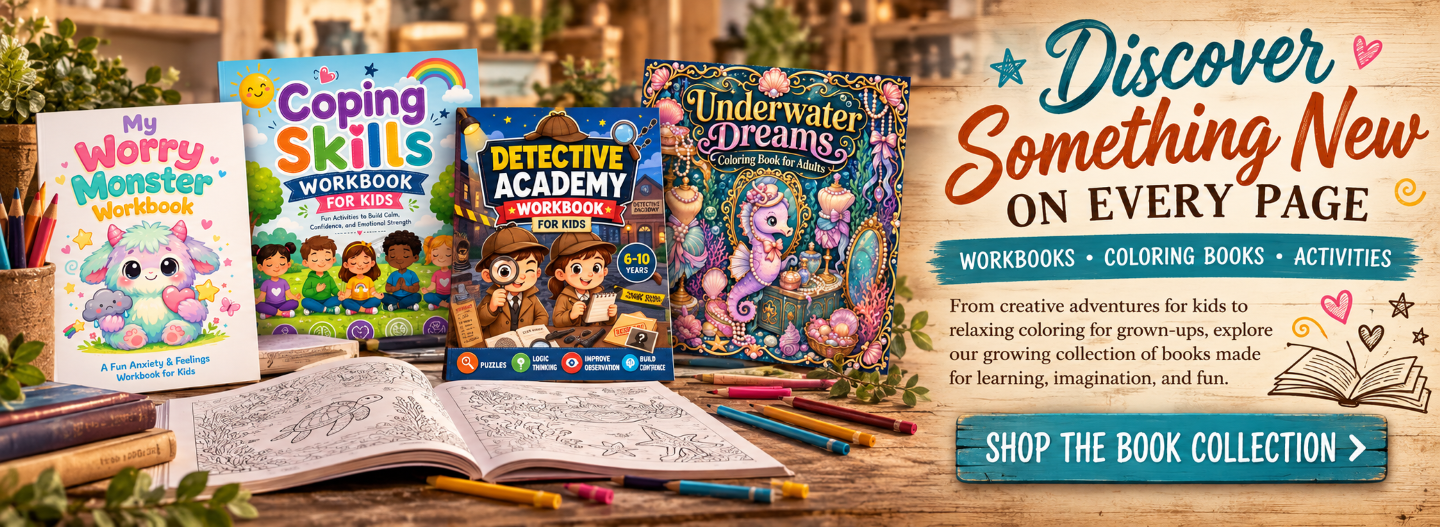 Colorful collection of children’s workbooks and adult coloring books from Lone Wolf Craft Studio, featuring Worry Monster, Coping Skills, Detective Academy, and Underwater Dreams.