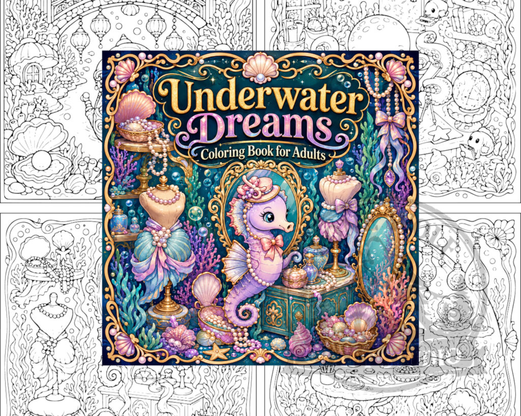 Underwater Dreams adult coloring book with whimsical ocean, seashell, pearl and seahorse artwork