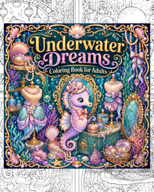 Underwater Dreams adult coloring book with whimsical ocean, seashell, pearl and seahorse artwork