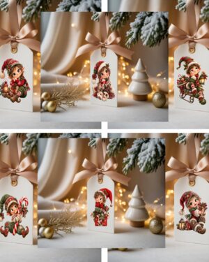 Set of 36 white Christmas gift tags featuring six playful elf designs with ribbon
