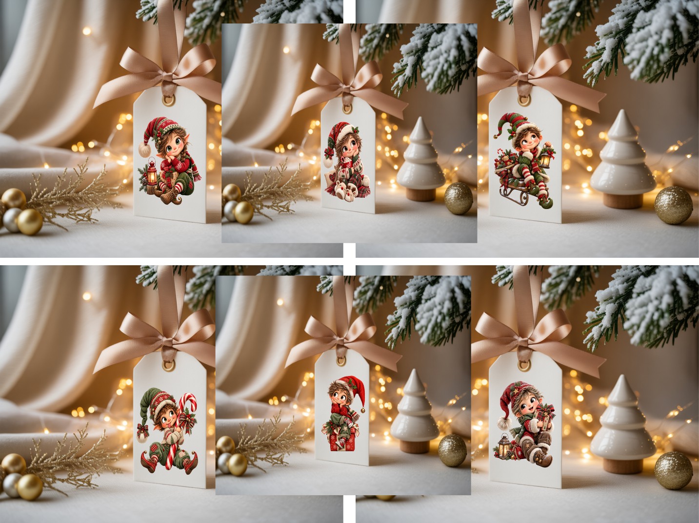 Set of 36 white Christmas gift tags featuring six playful elf designs with ribbon