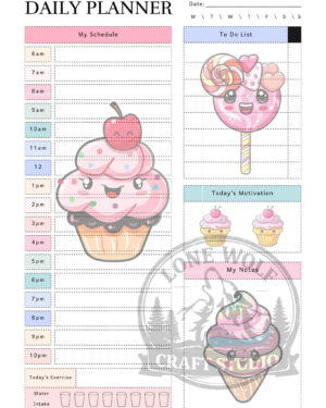 Kawaii sweets themed daily planner page layout in pastel colors with schedule and to-do list sections