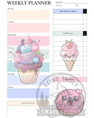 Kawaii sweets themed weekly planner page layout in pastel colors with weekly schedule and habit tracker