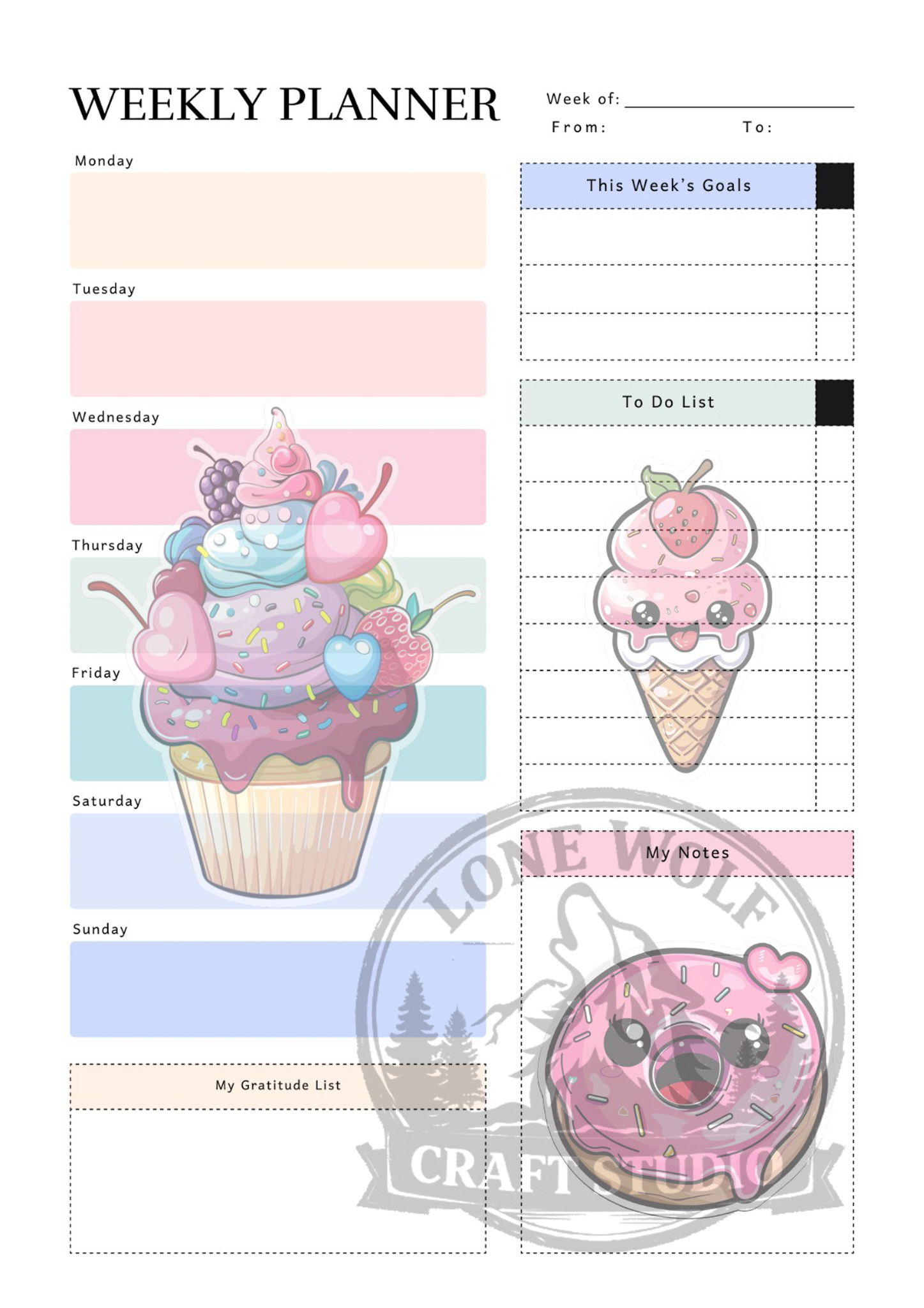 Kawaii sweets themed weekly planner page layout in pastel colors with weekly schedule and habit tracker